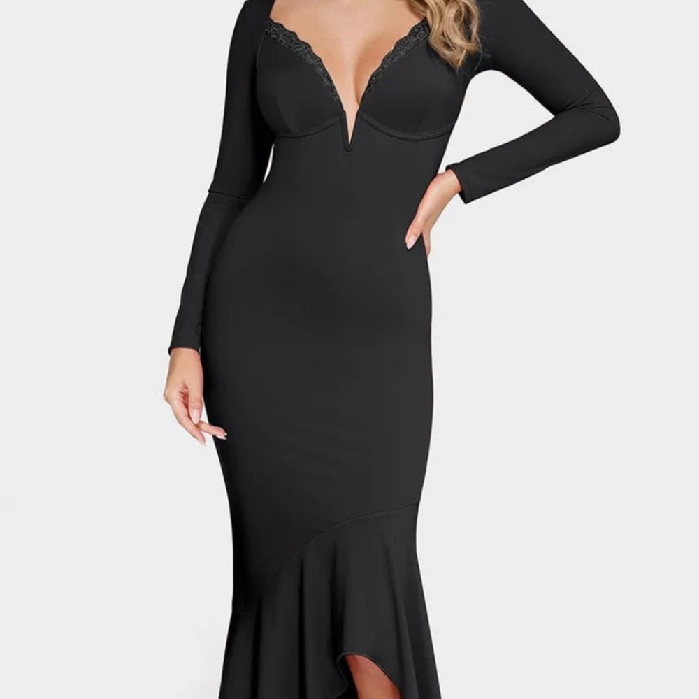 Shapewear Long Sleeve Lace Trim Sculpting Mermaid Maxi Dress